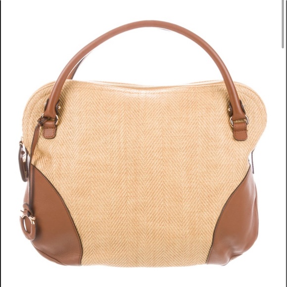 NWOT - SALVATORE FERRAGAMO Yellow/Brown Woven Raffia and Leather Gancio Satchel - Picture 2 of 12